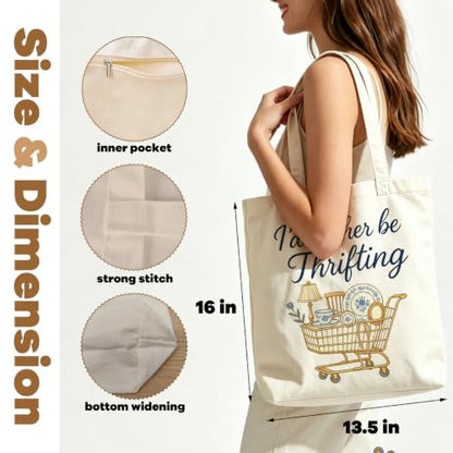 VICBOU Vintage Thrifting Canvas Tote Bag, Retro Shoulder Bag with Pocket