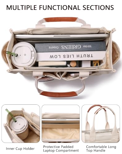 ZHMO Canvas Tote Bag for Women,Women's Bags Crossbody Bags Work Laptop Tote Bag Large Handbags Purse for Travel Nurse Teacher - color: New Upgrade White With Compartments and Side Cup Holders