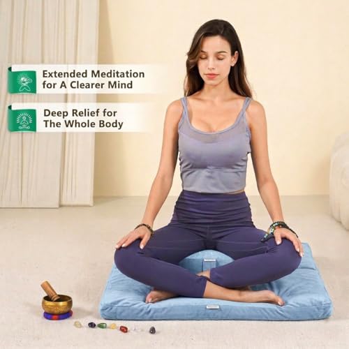 Hihealer Meditation Cushion, Traditional Tibetan Meditation Pillow Velvet Cover - Large Floor Cushion Seating for Adults - Yoga Buckwheat Bolster for Women、Moms | Buckwheat Yoga Bolster, Large Floor Cushion & Pillow for Adults, Zafu Zabuton Set, Zen Medit