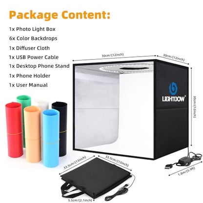 Lightdow 12"x12"x12" Photo Studio Light Box Photography with Desktop Tripod & 120 LEDs (CRI>95), 6 Backdrops - Portable/Dimmable Folding Shooting Tents for Toys/Jewelry/Watches/Cosmetics - size: 12"x12"x12"