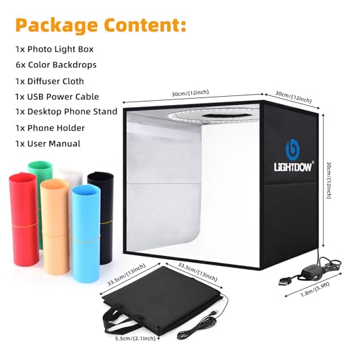 Lightdow 12"x12"x12" Photo Studio Light Box Photography with Desktop Tripod & 120 LEDs (CRI>95), 6 Backdrops - Portable/Dimmable Folding Shooting Tents for Toys/Jewelry/Watches/Cosmetics - size: 12"x12"x12"
