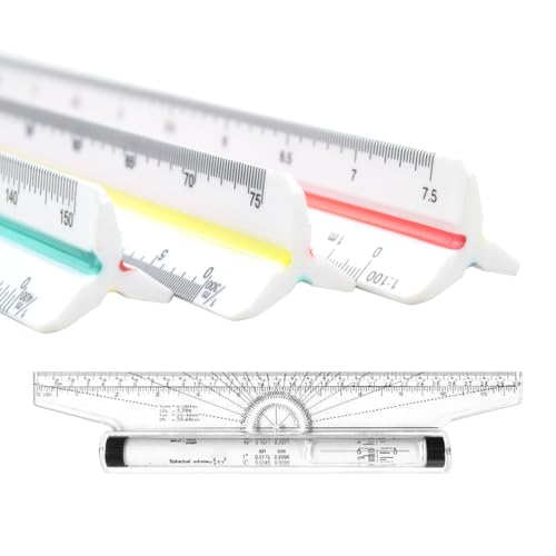 4-Piece Architectural Scale Ruler Set, 12'' Clear Scales Triangular Ruler Set, 3-Color-Coded Grooved Set Square for Drafters, Architects, and Engineers Blueprint Project