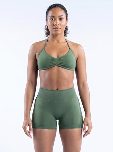 MOYOOGA 2 Piece Workout Sets for Women Seamless Shorts and Strappy Sports Bra Athletic Gym Yoga Matching Outfits - color: Olive Green, size: Medium
