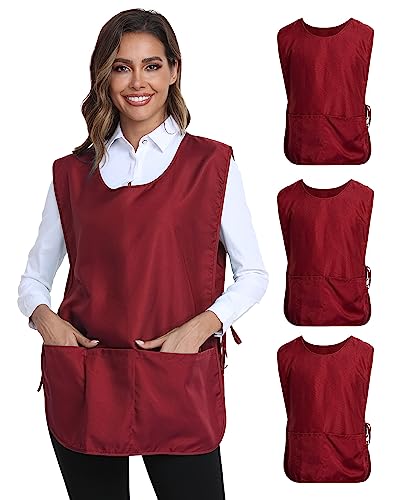 Unisex Cobbler Apron with 3 Deep Pockets, Smock Vest Apron | Multiple colors available, Blank No-Logo, Adjustable Drawstring & Side Ties, Applicable for Cooking, Kitchen,Garden, Cleaning - color: 3 Pack - Red