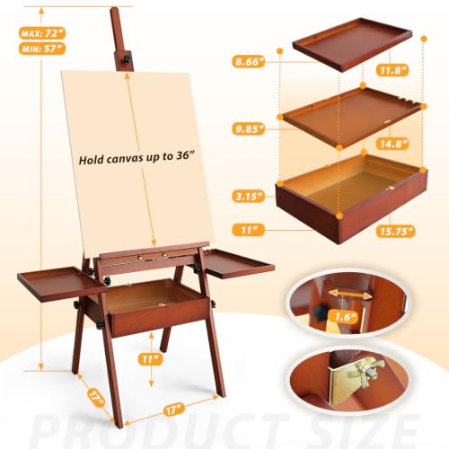 Painting Easel Stand with Storage, 57"-72" Height Adjustable Art Easel | Foldable beech wood easel with drawer trays,H-frame artist easel stand for painting,Wooden floor easel holds canvas up to 36" - color: Warm Walnut