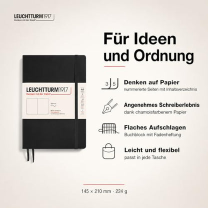 LEUCHTTURM1917 - Notebook Softcover Medium A5-123 Numbered Pages for Writing and Journaling (Plain, Black)