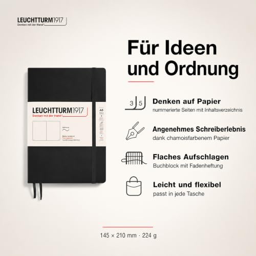 LEUCHTTURM1917 - Notebook Softcover Medium A5-123 Numbered Pages for Writing and Journaling (Plain, Black)