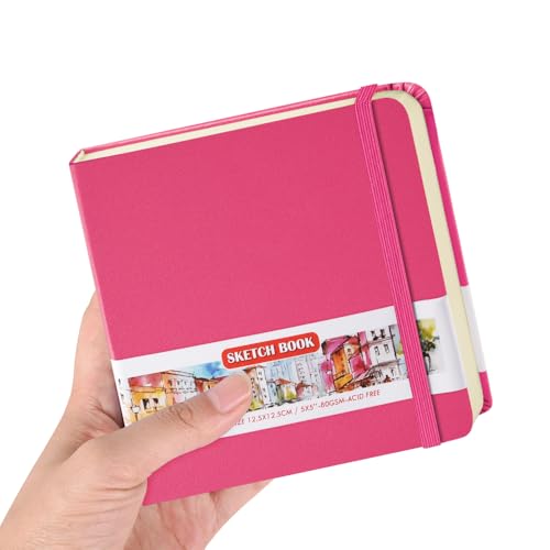 5x5 Pocket Sketch Book,80gsm Hardcover Art Sketchbook for Drawing Journal | PU Cover,Blank Paper,96Sheets/192Pages,Lay-Flat,Portable Travel Creation Paint Diary Memo Planner,Dry Media.Rose Pink - color: PU Cover-5x5in-Rose Pink