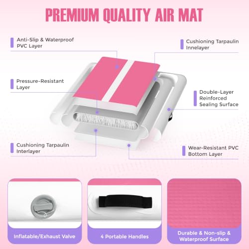 Inflatable Gymnastics Mat Air Tumble Track Tumbling Mats with Pump - color: White Pink Purple, size: 10ft*3.3ft*4inch(3m*1m*10cm)