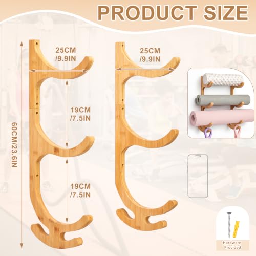 Junkin Yoga Mat Holder Wooden Wall Mount, Yoga Mat Gym Equipment Storage with 4 Hook Storage Holder for Hanging Foam Rollers and Resistance Bands for Home Gym or Fitness Class(Brown,3 Tier)