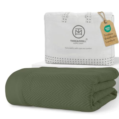 Threadmill Luxury 100% Cotton Twin Herringbone Blanket, Olive | All-Season Thermal Throw Blanket, Soft & Breathable, Cozy Moisture-Wicking, OEKO-TEX Certified, Machine Washable, 68x92 in - color: Olive, size: Twin (68" x 92")