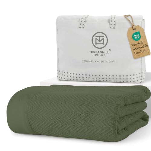 Threadmill Luxury 100% Cotton Twin Herringbone Blanket, Olive | All-Season Thermal Throw Blanket, Soft & Breathable, Cozy Moisture-Wicking, OEKO-TEX Certified, Machine Washable, 68x92 in - color: Olive, size: Twin (68" x 92")