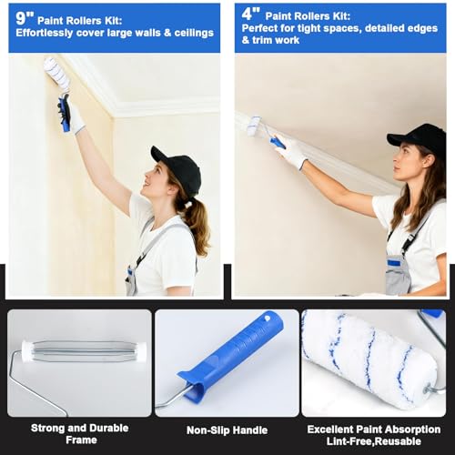 30PCS Paint Roller Kit with Extension Pole-2 to 4 FT,Wall Painting Supplies with Paint Edger Roller Brush 12",House Painting Set with Rainsuit & Drop Cloth for Home|Office|Shop Professional Painting