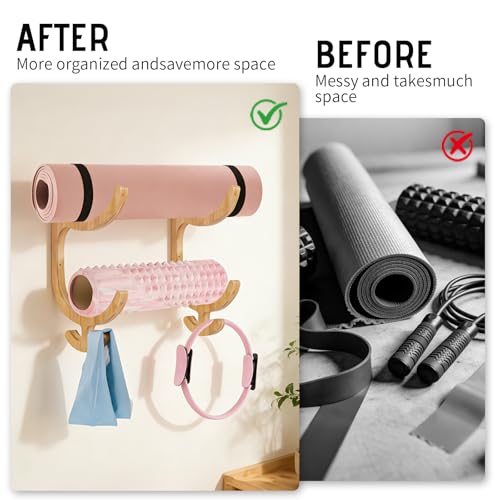 Wooden Yoga Mat Holder Wall Mount, Double Layer Yoga Mat Storage Rack with 4 Hooks, Home Gym Accessories for Yoga Mat Foam Roller Resistance Bands, Sturdy Wall Organizer for Home Gym School Office