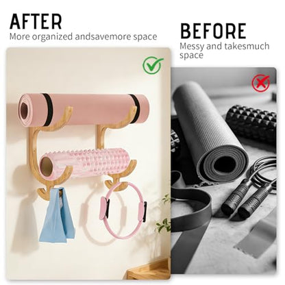 Wooden Yoga Mat Holder Wall Mount, Double Layer Yoga Mat Storage Rack with 4 Hooks, Home Gym Accessories for Yoga Mat Foam Roller Resistance Bands, Sturdy Wall Organizer for Home Gym School Office