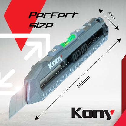 Kony Heavy-Duty Retractable Utility Knife, 18mm Snap-Off Box Cutter | 10 Extra SK5 Blades, Aluminum Body, Ruler & Bubble Level, For Cardboard, Carpet, Crafts & DIY