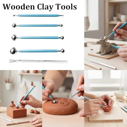 17 Pcs Pottery and Clay Sculpting Tools Set, Double-Sided Ceramic Carving and Trimming Tools with Smooth Wooden Handles for Shaping, Detailing, and Embossing(17)