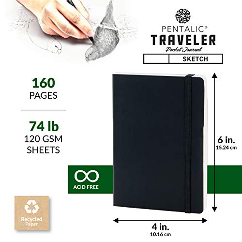 Pentalic - 4" x 6" Traveler Midnight Sketch Black Paper Journal, 160 Pages, Black - size: 4-inch x 6-inch, Black