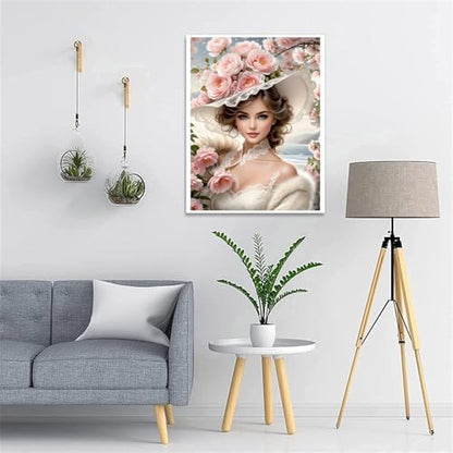 Lady in Flower Hat Diamond Art Painting Kits for Adults,Full Drill Diamond Dots Paintings for Beginners,Flower Round 5D Paint with Diamonds Pictures Gem Art Painting Kits DIY Crafts Kits 12x16inch - color: Lady in Flower Hat