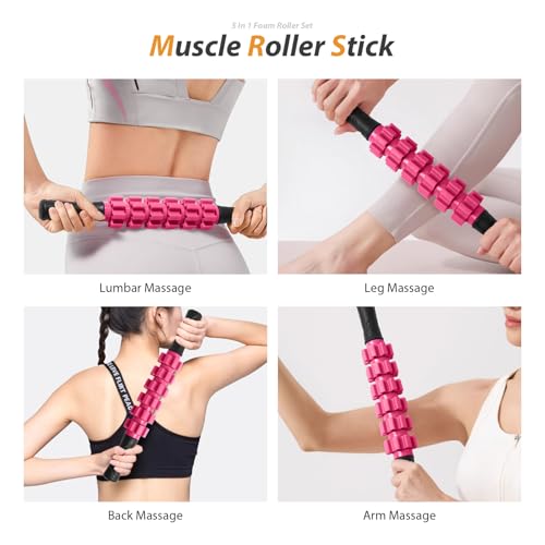 SUBCULTUREPICK 5 in 1 Foam Roller Set for Deep Tissue Muscle Massage | High Density Fitness Exercise Foam Roller, Muscle Roller, Massage Ball, Resistance Band, for Whole Body Physical Therapy Pink - color: Pink-black