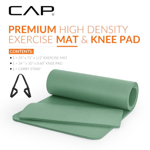 CAP Barbell 1/2-Inch High Density Exercise Yoga Mat with Strap | Multiple Options - color: Green, style: Yoga Mat w/Knee Pad