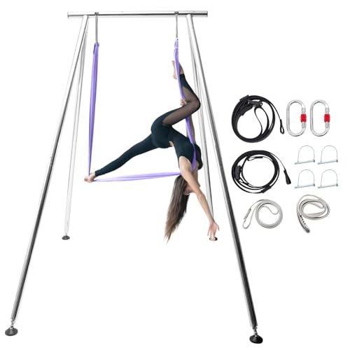 TECSPEC 9.6 FT/115.3 Inch Adjustable Height Aerial Yoga Frame & Hammock, Professional Swing Stand with 18 FT/33FT Aerial Silk, 550lbs Max Capacity - color: Purple