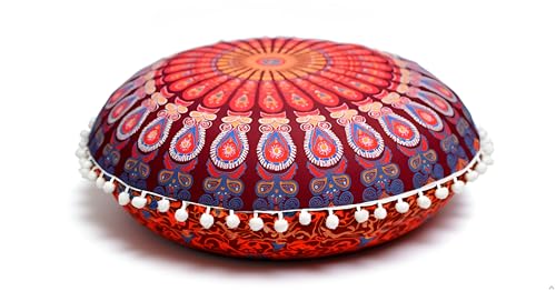 CRAFT KALA Round Mandala Boho Pillow Cover Meditation India Room Seating Poufs Cover for Living Room Yoga Room Home Décor Bedroom Balcony Garden Decoration Cotton Floor Cushion Cover 22" Maroon Mirchi - color: Maroon Mirchi, size: 22"