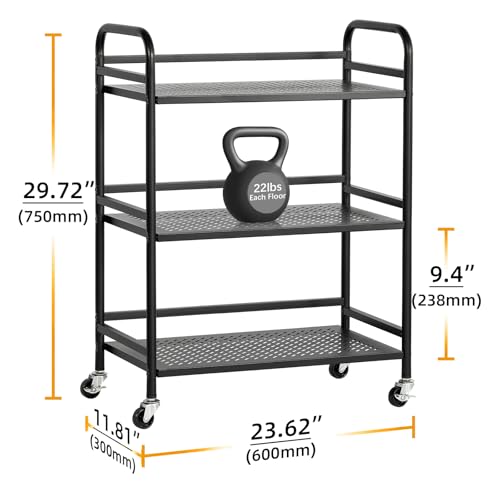 HDANI 3단 금속 롤링 헤비 카트, 층당 18.1kg(40파운드) 지지력, 사무실, 가정, 침실, 주방, 욕실용 잠금 가능한 바퀴 2개가 있는 메시 롤링 카트 (블랙) - color: 블랙., size: Large Mesh