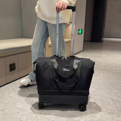 Expandable Rolling Travel Bag with Removable Wheels & Handle, Large Capacity Wheeled Duffle Tote, Foldable Carry On Luggage for Women, Lightweight Weekender Overnight Bag (Black) - color: Black