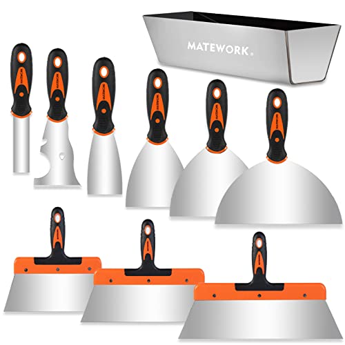 MATEWORK Putty knife,10 Piece Stainless Steel Paint Scraper Tool Set,14" Mud Pan for Repairing Drywall, Removing Wallpaper, Applying Putty, Plaster, Cement, Adhesive | 304 Hardened Stainless Steel, Complete Multi-Size, Rust and Corrosion Resistant, Versat