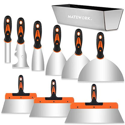 MATEWORK Putty knife,10 Piece Stainless Steel Paint Scraper Tool Set,14" Mud Pan for Repairing Drywall, Removing Wallpaper, Applying Putty, Plaster, Cement, Adhesive | 304 Hardened Stainless Steel, Complete Multi-Size, Rust and Corrosion Resistant, Versat