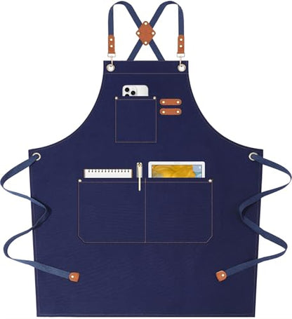 AFUN Chef Aprons for Women Men with Oversized Pockets, 12-Ounce Cotton Canvas Cross Back Water Repellent Apron (Dark Blue) - color: Dark Blue