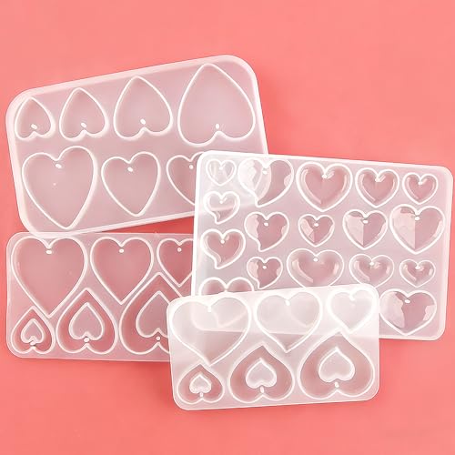 4PCSValentine's Day Heart Jewelry Silicone Mold Making Kit Ornament Silicone Mold for Casting Earring Epoxy UV Resin Keychain Cement Molds Hearts Chocolate Molds for Concrete Soap Keychain Craft Gummy