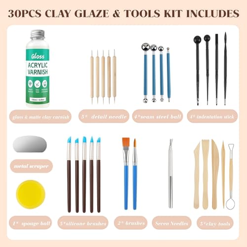 120ML Air Dry Clay Glaze with 29PCS Clay Tools Kit | Gloss Polymer Clay Kit and Clay Varnish, Pottery Tool Kit for Sculpting, Modeling, Shaping Crafts, Scratch Resistant