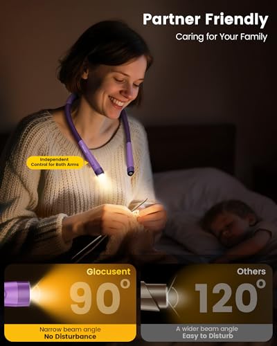 Glocusent Neck Light with Timer, 100 Hours Book Light for Bedtime Reading | Neck Reading Light, 3-Color, 5 Brightness, Bendable, Ergonomic, 1600mAh, Rechargeable, Eye Care, Sleep Aid, Travel Lock, Gift - color: Purple