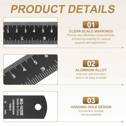 HARFINGTON 2pcs Metal Straight Ruler 20cm Metric SAE Aluminum Alloy Measuring Rulers Scale Tool with Hole for Measure Study Reading Classroom Office, Black - size: 20cm