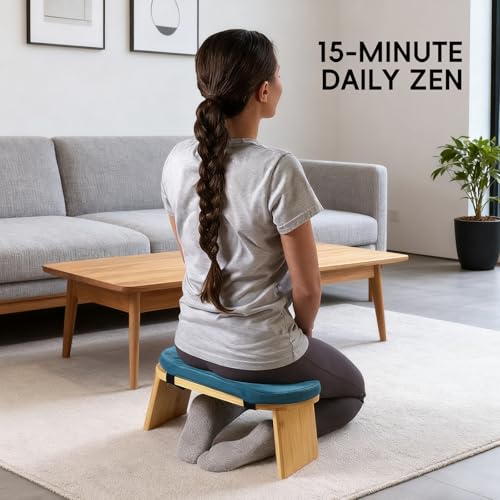 Natural Beech Wood Yoga Bench, Ergonomic Design for Kneeling, Meditation, Pilates, FSC Certified (Blue) - color: Blue