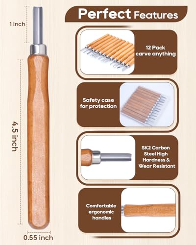 UCEC 12 Pack Linocut Wood Carving Tools Set Wood Carving Kit Whittling Gift | Wood Carving Tools with V-Chisel, Angled Gouge & Half Round Knives for Linoleum Carving, Whittling, Printmaking Supplies - color: Wooden-12 Pack