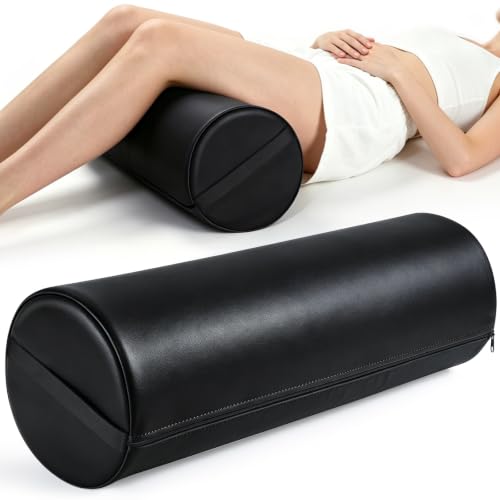 Full Round Bolster Pillow, 26" x 9" PU Leather Massage Table Bolster | Massage Pillow with Strap Handle for Knee Back Ankles Pain Relief, Comfortable Leg Bolsters Cylinder Pillow for Home/SPA/Yoga - color: 9“ Full Round - Black