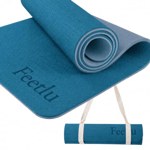 Extra Thick Yoga Mat with Carry Strap, 10mm Non-Slip Exercise Mat, 72 x 24 Inch Cushioned Workout Mat for Yoga, Pilates, Stretching & Floor Exercises - color: Trurkey Blue & Gray