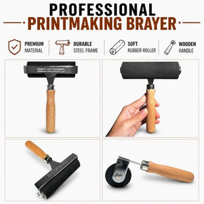 4 Inch Soft Rubber Brayer Roller, 45A Durometer Printmaking Brayer with Heavy-Duty Steel Frame & Wood Handle for Gel Printing, Linocut & Block Printing - size: 4 in