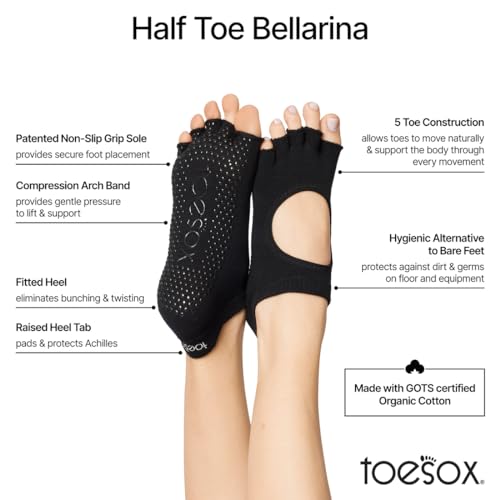 toesox Bellarina Grip Socks for Women, Half-Toe - color: Black, size: X-Small