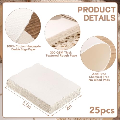 25 Sheets Watercolor Paper, 2 x 3.5, Deckled Edge Handmade Paper | 300 GSM paper, cold-pressed texture, absorbs watercolor evenly, for painting, cards, and crafts - size: 2 x 3.5 inch