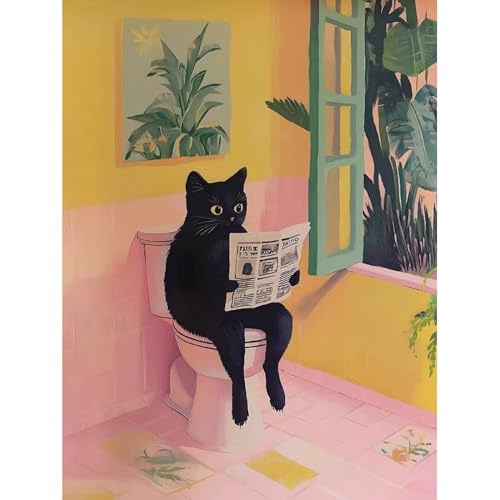 Black Cat Diamond Art Kits for Adults Diamond Painting Kit for Beginner | Bathroom Animal 5D Funny DIY Diamond Dots Full Drill Crafts for Gem Art Dot Art for Adults Home Wall Decor for Teens 12x16 in - color: DP03498