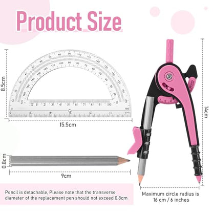 EBOOT Student Geometry Math Set, Drawing Compass and 6 Inch Clear Swing Arm Protractors 180 Degree Math Protractor(Pink) - color: Pink