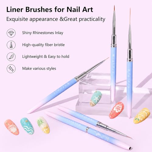 Makartt Nail Art Brushes Set: 5pcs Liner Brushes 7/9/11/15/25mm Thin Nail Art Design Brush with Cap Nail Polish Brush for Builder Gel 3D Nail Gel French Tip Tool Nail Painting | 7/9/11/15/25mm Thin Precision Tips, Ideal for 3D gel, Builder Gel, French Tip