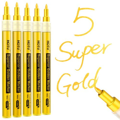 HOTU 5 Pack Super Gold Paint Markers - Metallic Gold Acrylic Paint Pens Glitter Extra Fine Tip 0.7mm for Black Paper,Wood, Rock Painting, Glass, Fabric | Metallic Gold Paint Pens, Water-Based, For Rock Painting, Crafting, Paper, Wood, Glass, Fabric,Metal,