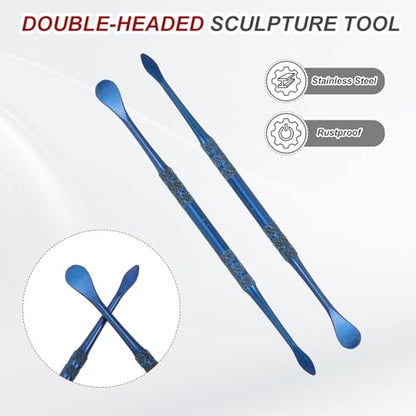 HARFINGTON 11pcs Wax Carving Tool 4.75" Double-Headed Stainless Steel Sculpture Tools Kit Modeling Engraving Sculpting Spoons for Clay Pottery Crafts Shaping, Navy Blue - color: Navy Blue