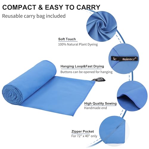 Rainleaf Microfiber Towel Quick Dry Camping & Travel & Gym Towel. Compact - color: Blue, size: 60.00" x 30.00"
