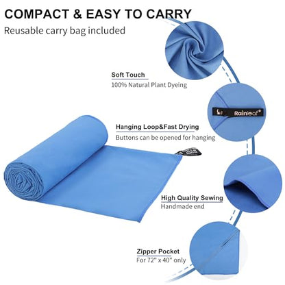 Rainleaf Microfiber Towel Quick Dry Camping & Travel & Gym Towel. Compact - color: Blue, size: 60.00" x 30.00"